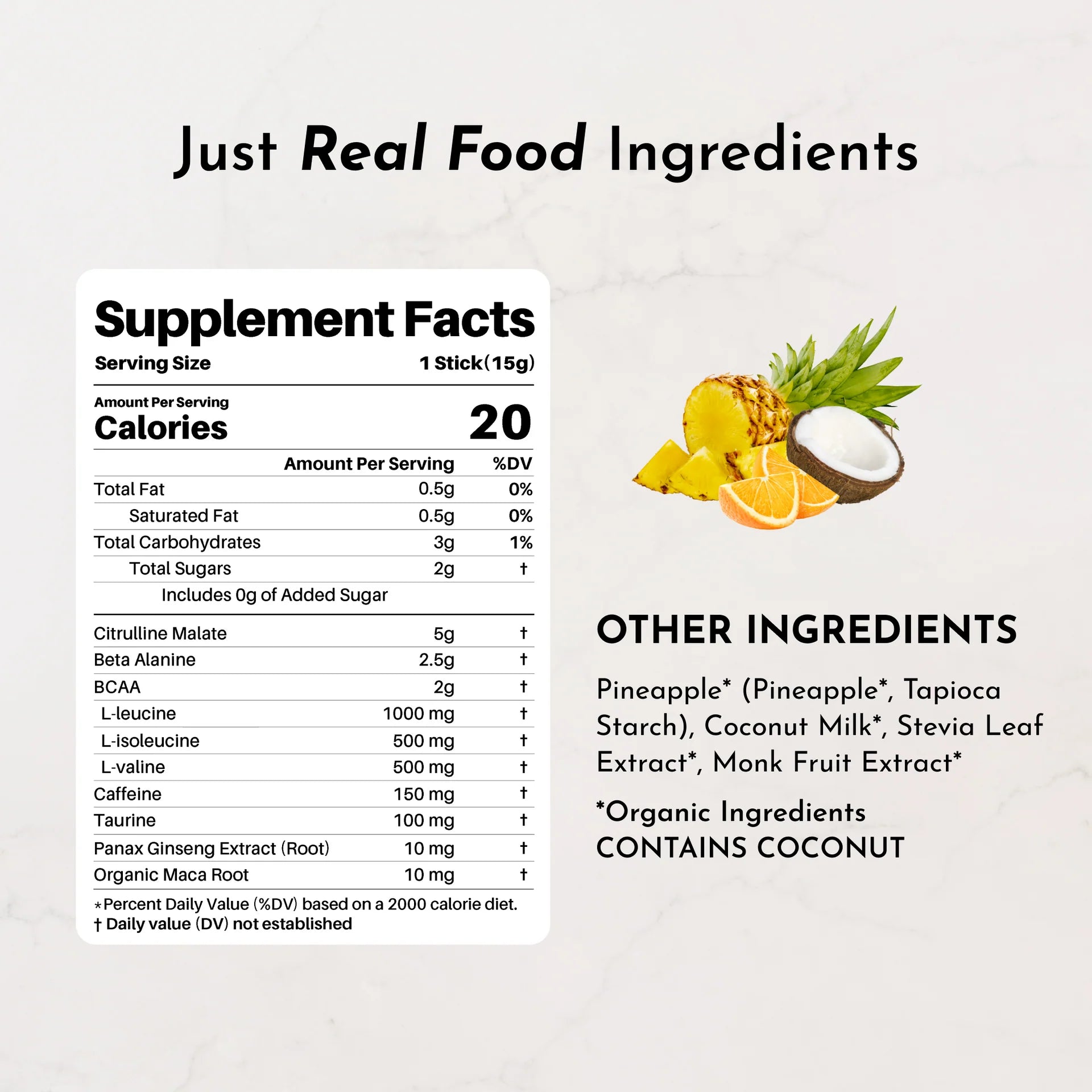 Supplement facts label with ingredients listed on a white background