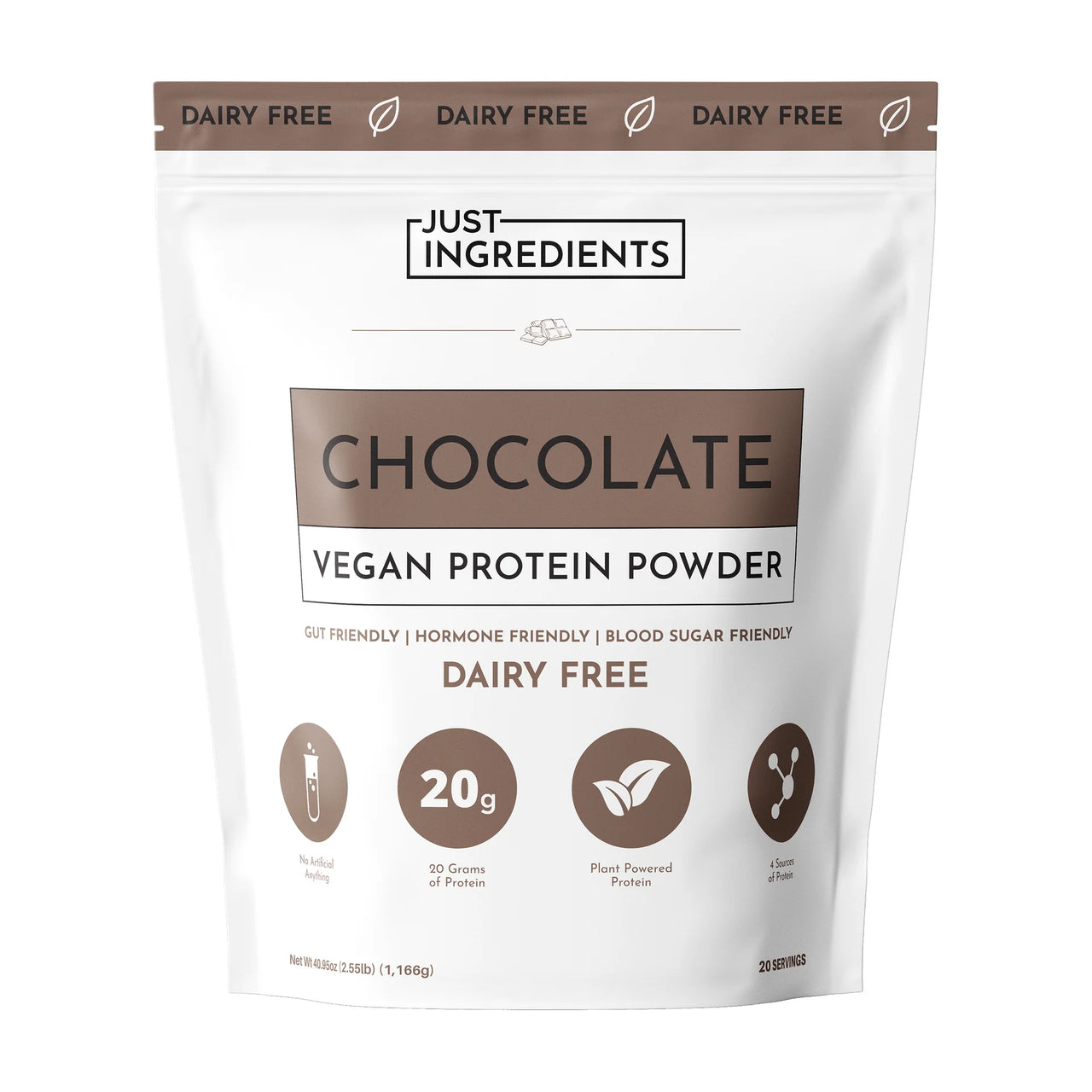 Just Ingredients Chocolate Vegan Protein Powder package on a white background
