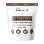 Just Ingredients Chocolate Vegan Protein Powder package on a white background