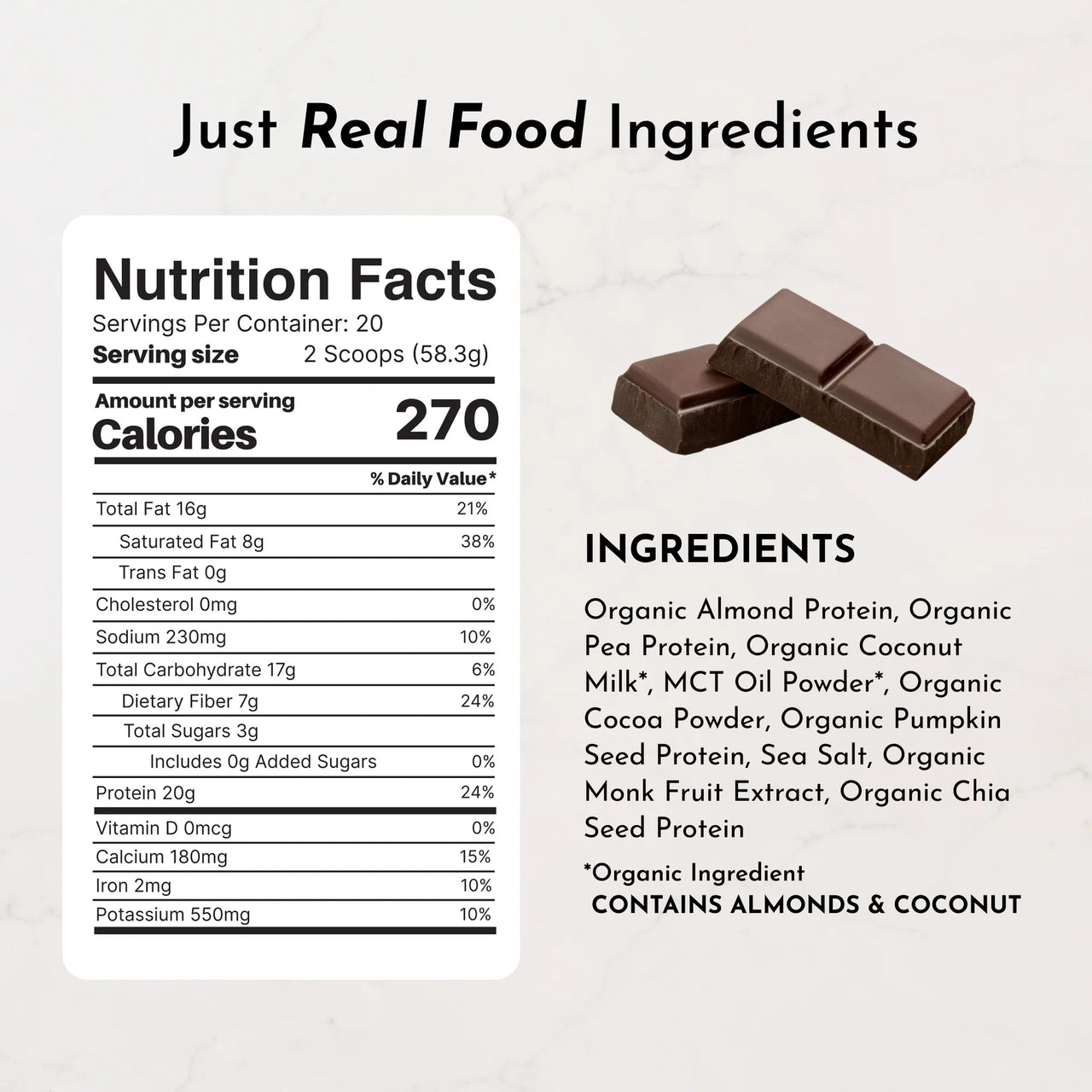 Nutrition facts and ingredients list for a product with chocolate pieces on a light gray background.