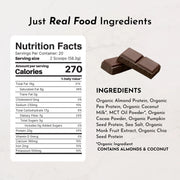 Nutrition facts and ingredients list for a product with chocolate pieces on a light gray background.