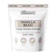 Just Ingredients Vanilla Bean Vegan Protein Powder package on a white background