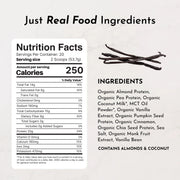 Nutrition facts and ingredients label for a product with vanilla beans on a light background