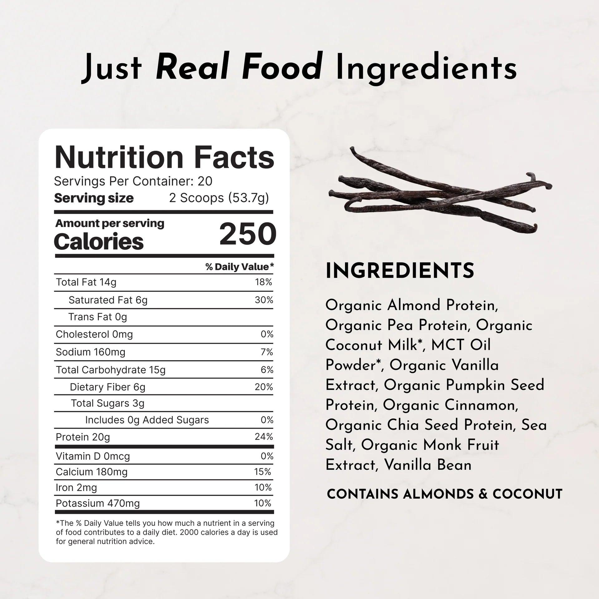 Nutrition facts and ingredients label for a product with vanilla beans on a light background
