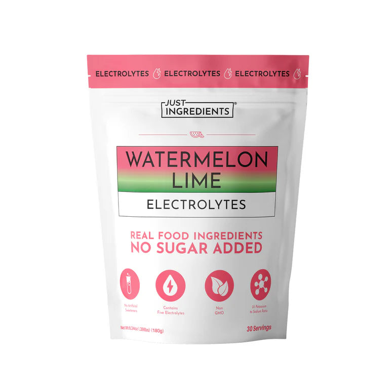 Packaging of Just Ingredients Watermelon Lime Electrolytes on a white background