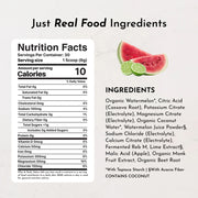 Nutrition facts label and ingredients list for a product with watermelon flavor, featuring images of watermelon and lime.