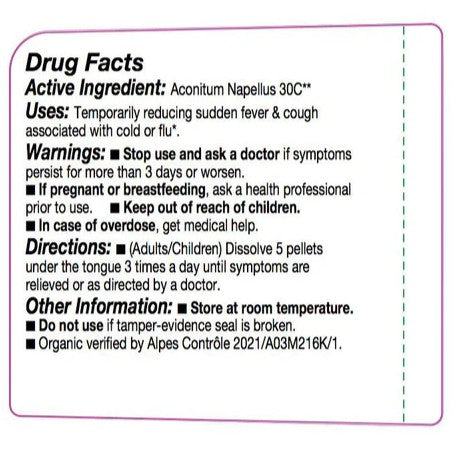 Drug facts label for Aconitum Napellus 30C with active ingredient, uses, warnings, directions, and other information.