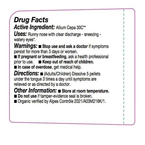 Drug facts label for Allium Cepa 30C with active ingredient, uses, warnings, directions, and other information.