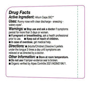 Drug facts label for Allium Cepa 30C with active ingredient, uses, warnings, directions, and other information.