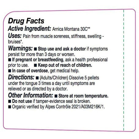 Drug facts label for a product with active ingredient Amica Montana 30C, uses, warnings, directions, and other information.