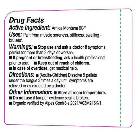 Drug facts label for Arnica Montana 6C with active ingredient, uses, warnings, directions, and other information.