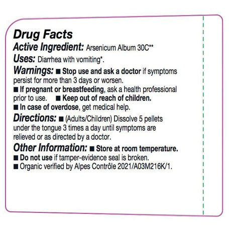 Drug facts label for Arsenicum Album 30C with active ingredient, uses, warnings, directions, and other information.