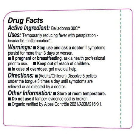 Drug facts label for Belladonna 30C with active ingredient, uses, warnings, directions, and other information.