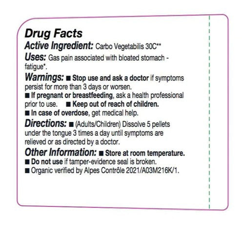 Drug facts label for Carbo Vegetabilis 30C with active ingredient, uses, warnings, directions, and other information.