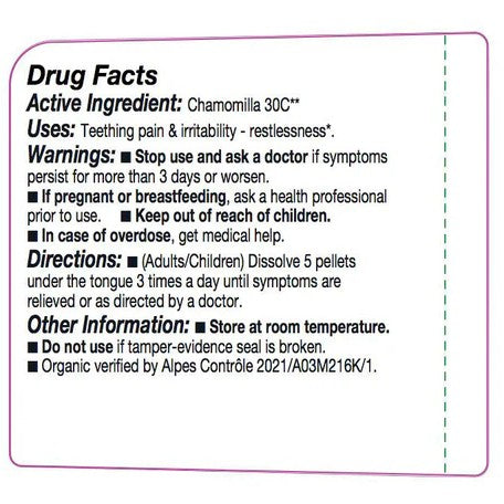 Drug facts label for a product with chamomilla 30C active ingredient.