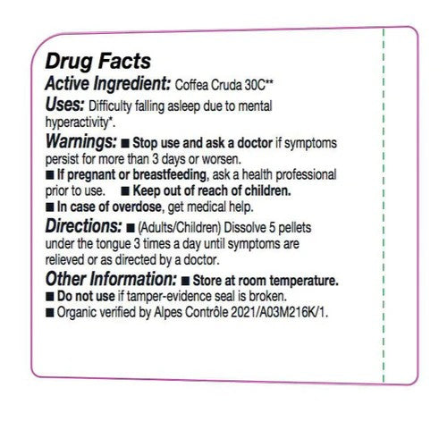 Drug facts label for Coffee Cruda 30C on a white background