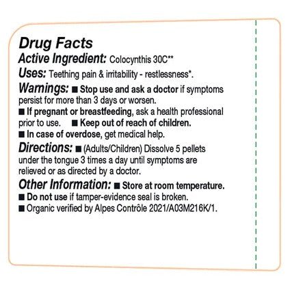 Drug facts label for a product with Colocynthis 30C active ingredient, used for teething pain and irritability.