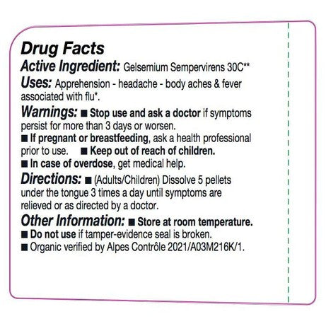 Drug facts label for a homeopathic remedy with active ingredient, uses, warnings, directions, and other information.
