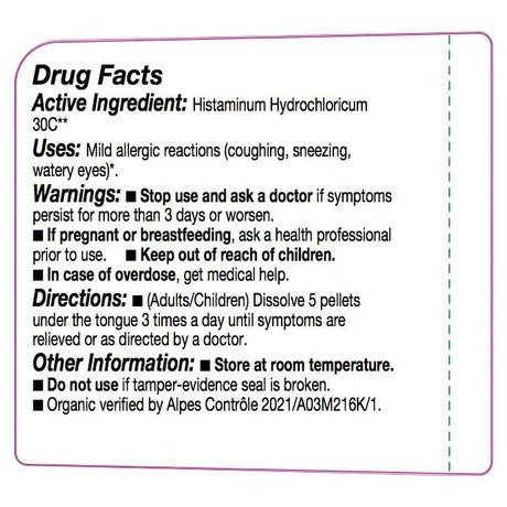 Drug facts label for Histaminum Hydrochloricum 30C with active ingredient, uses, warnings, directions, and other information.