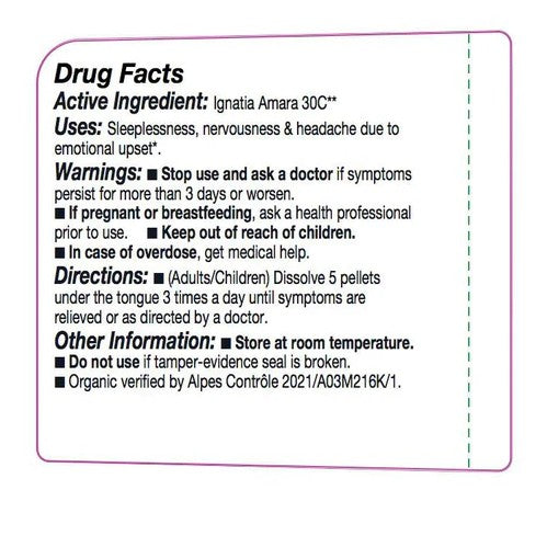 Drug facts label for Ignatia Amara 30C with active ingredient, uses, warnings, directions, and other information.