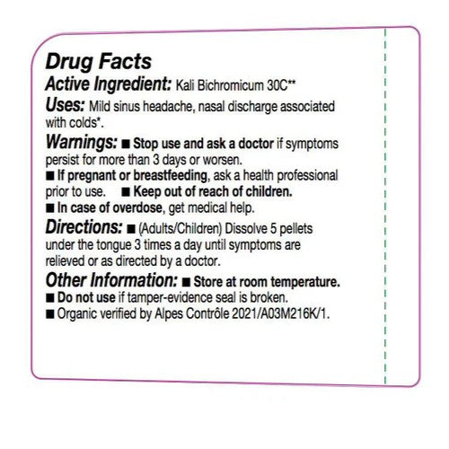 Drug facts label for Kali Bichromicum 30C with active ingredient, uses, warnings, directions, and other information.