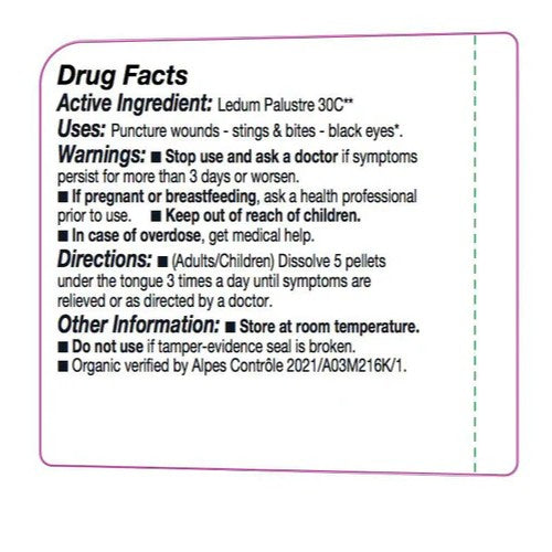 Drug facts label for Ledum Palustre 30C with active ingredient, uses, warnings, directions, and other information.