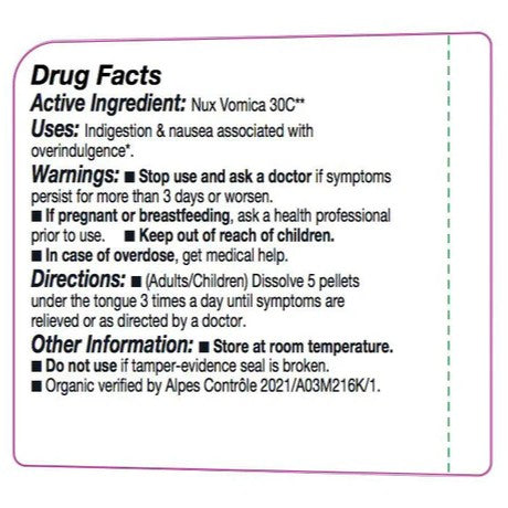 Drug facts label for Nux Vomica 30C with active ingredient, uses, warnings, directions, and other information.
