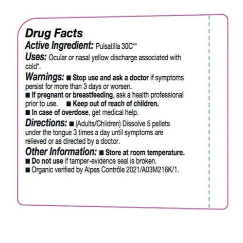 Drug facts label for a product with Pulsatilla 30C active ingredient on a white background.