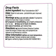 Drug facts label for Rhus Toxicodendron 30C with active ingredient, uses, warnings, directions, and other information.