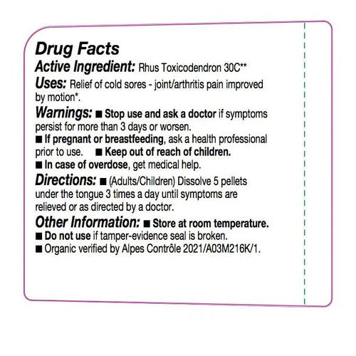 Drug facts label for Rhus Toxicodendron 30C with active ingredient, uses, warnings, directions, and other information.