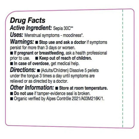 Drug facts label for a product with Sepia 30C active ingredient on a white background.