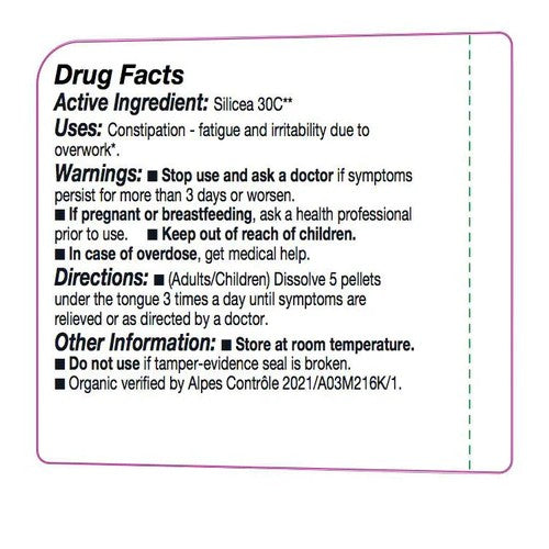 Drug facts label for Silicea 30C with active ingredient, uses, warnings, directions, and other information.