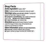 Drug facts label for a product with sulphur 30C active ingredient on a white background.