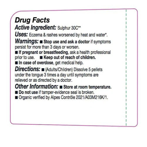 Drug facts label for a product with sulphur 30C active ingredient on a white background.