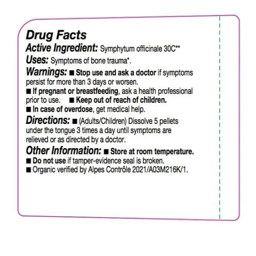 Drug facts label for Symphytum officinale 30C with active ingredient, uses, warnings, directions, and other information.