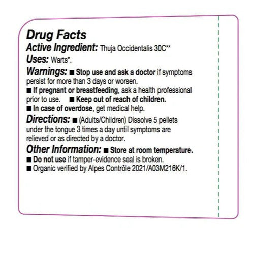 Drug facts label with Thuja Occidentalis 30c on a white background