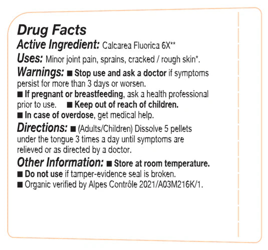 Drug facts label for Calcarea Fluorica 6X with text on a white background