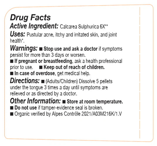 Drug facts label for Calcarea Sulphurica 6X with active ingredient, uses, warnings, directions, and other information.