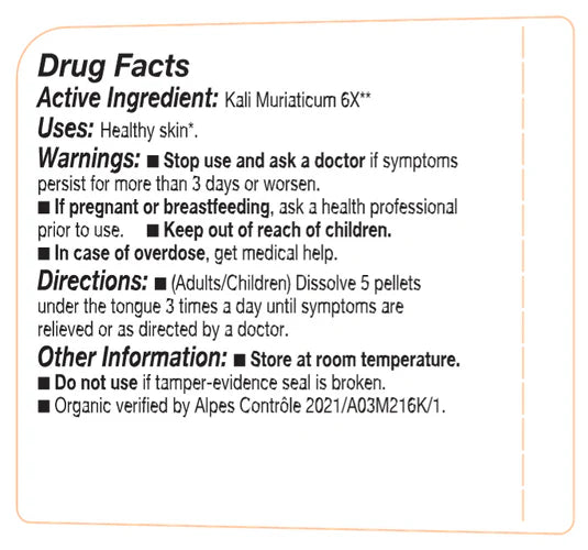 Drug facts label for Kali Muriaticum 6X with active ingredient, uses, warnings, directions, and other information.