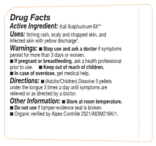 Drug facts label for Kali Sulphuricum 6X with active ingredient, uses, warnings, directions, and other information.
