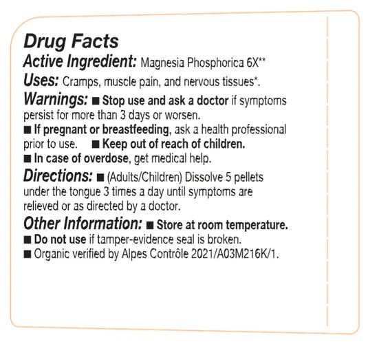 Drug facts label for Magnesia Phosphorica 6X with active ingredient, uses, warnings, directions, and other information.