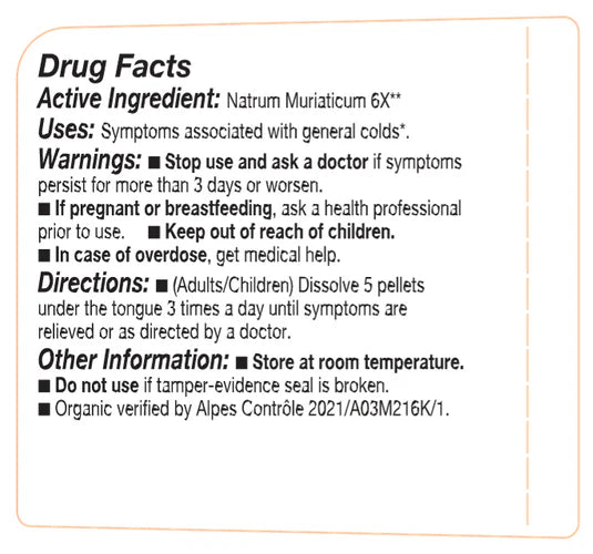 Drug facts label for Natrum Muriaticum 6X with text on a white background