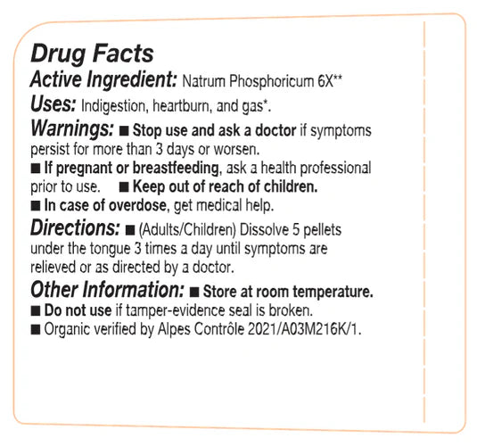 Drug facts label for a natural remedy product with active ingredient, uses, warnings, directions, and other information.