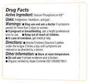 Drug facts label for a natural remedy product with active ingredient, uses, warnings, directions, and other information.