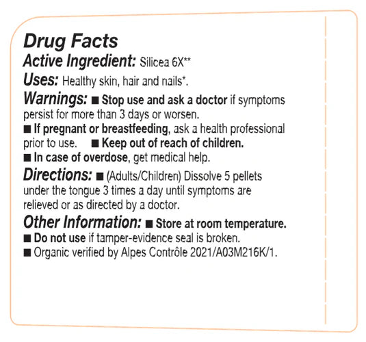 Drug facts label for Silicea 6X with active ingredient, uses, warnings, directions, and other information.