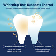 Diagram of a tooth with botanical-based activives and mineral-rich sea salt for enamel health on a blue and navy background.