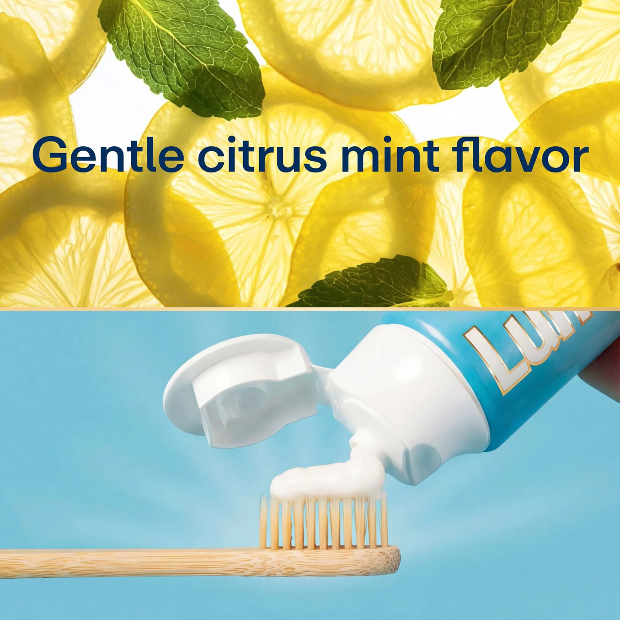 Lush toothpaste with lemon slices and mint leaves on a blue background