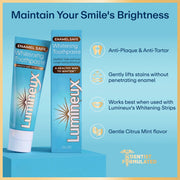 Lumineux whitening toothpaste packaging with product details on a blue background