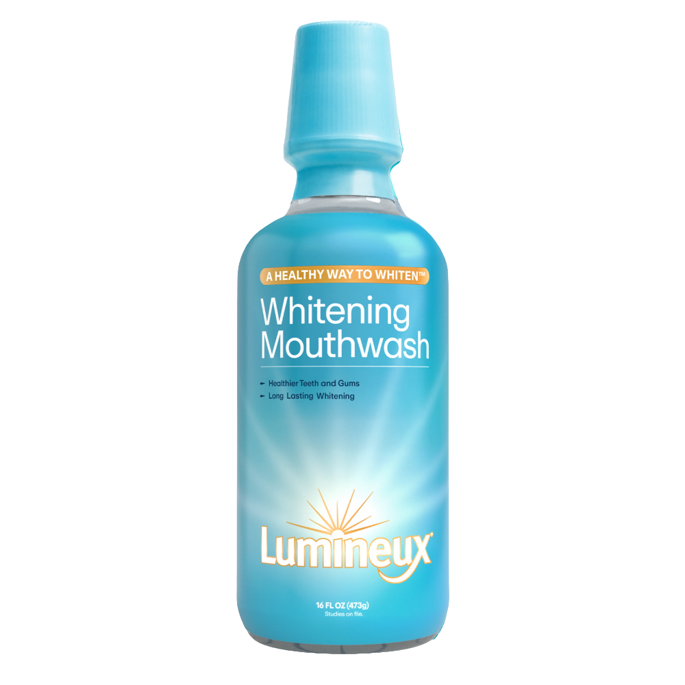 Bottle of Lumineux whitening mouthwash on a white background
