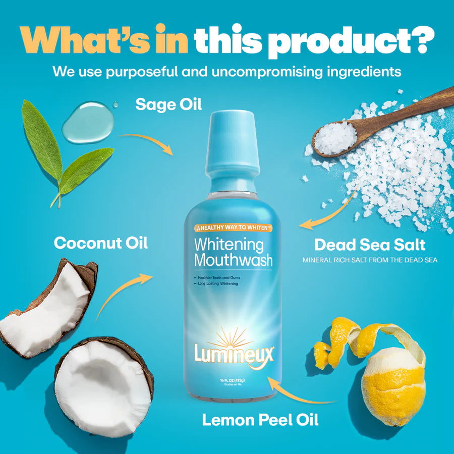 Lumineux Whitening Mouthwash bottle with ingredients on a blue background